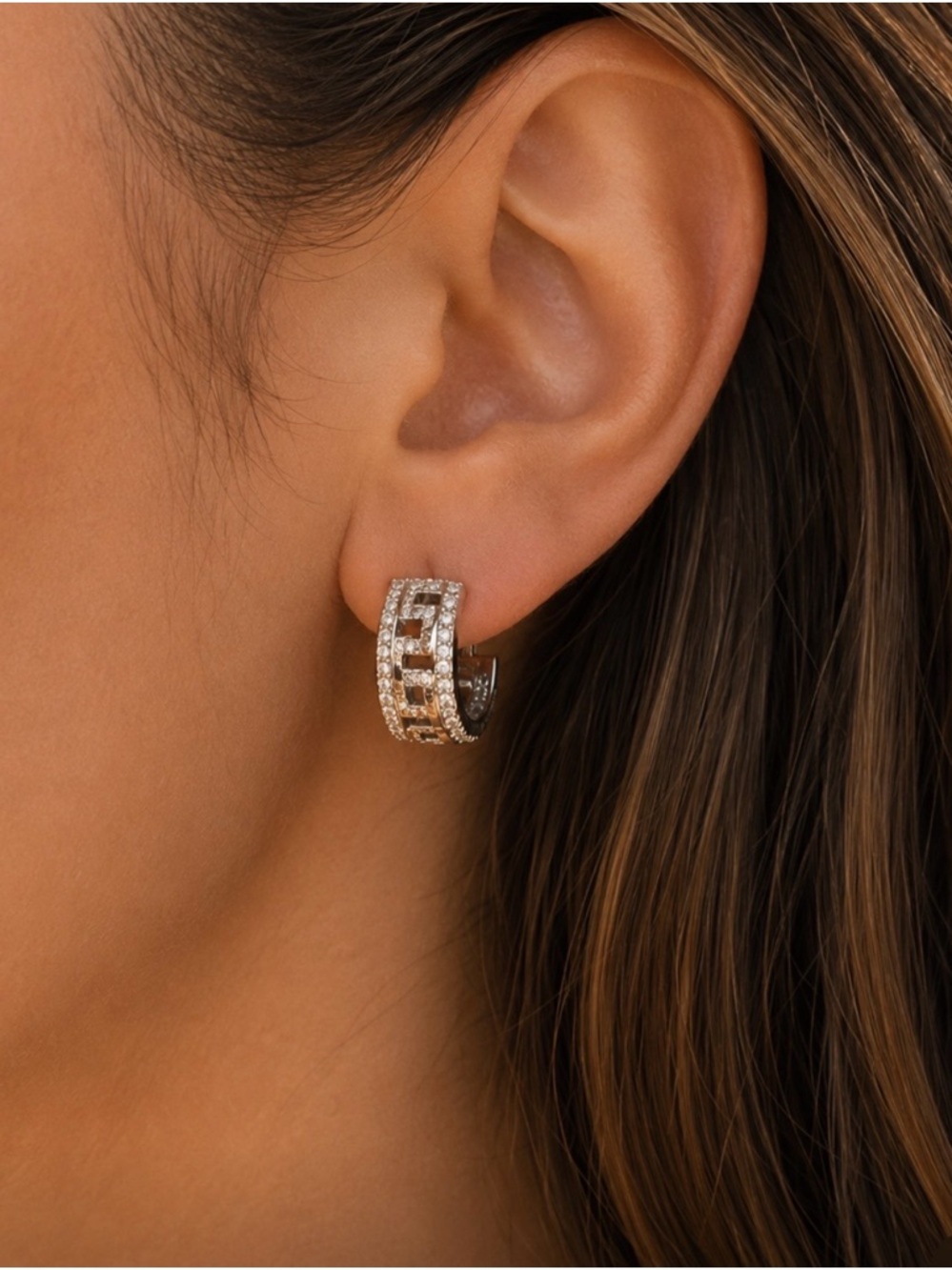 Greek Key Pattern Embellished with Clear Rhinestones Silver Hoop Earrings